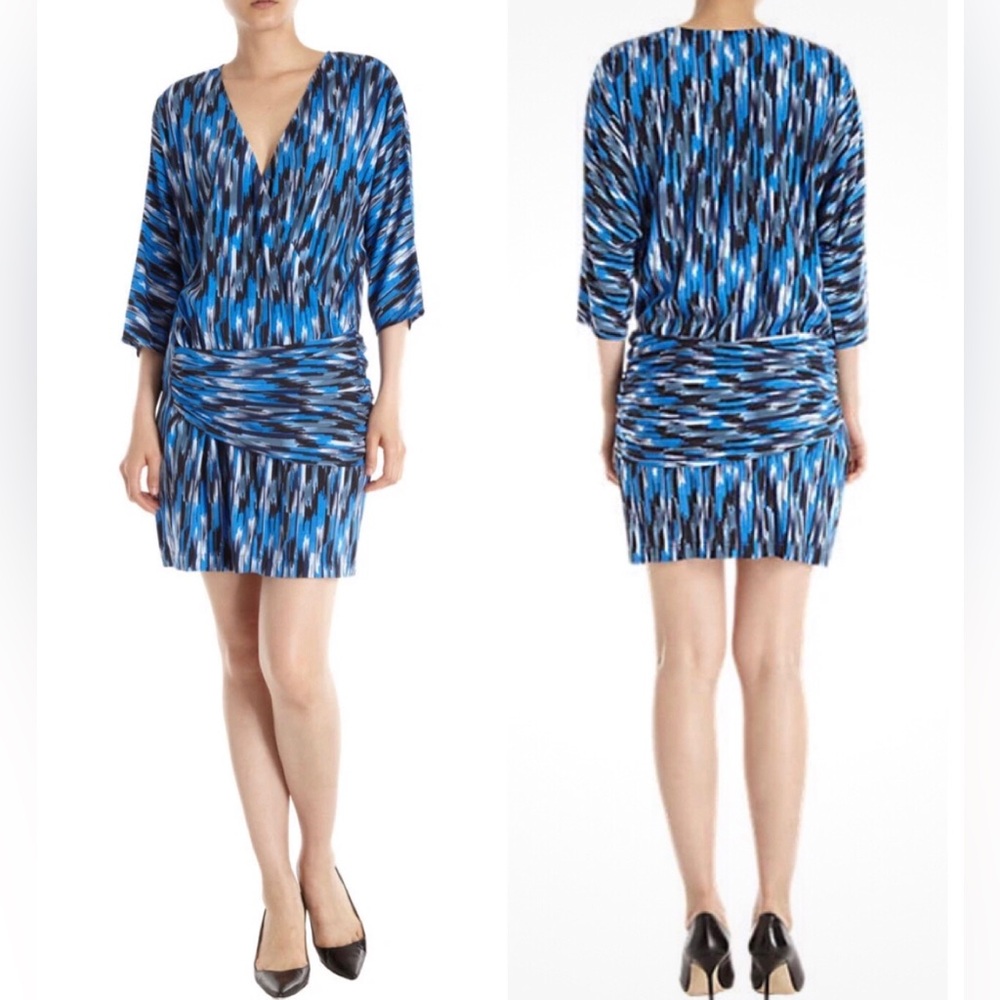 Thakoon Silk Brushstrokes Abstract Print Drapy Pleated V-neck Blue Mini Dress 2